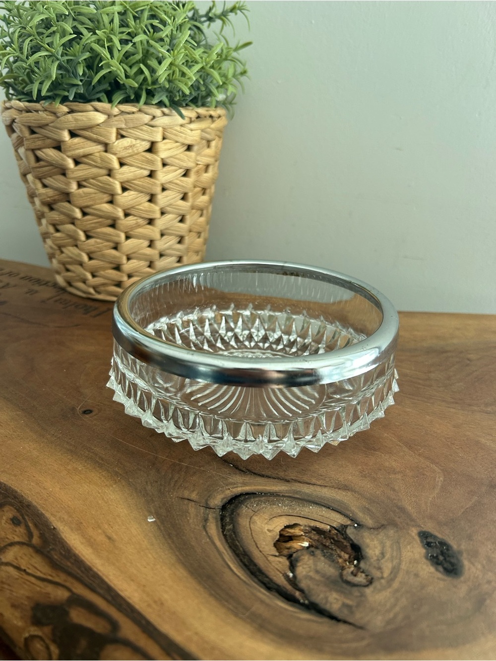 Vintage Crystal Pressed Glass Bowl with Silver Plated Metal Ring Heavy 5”D